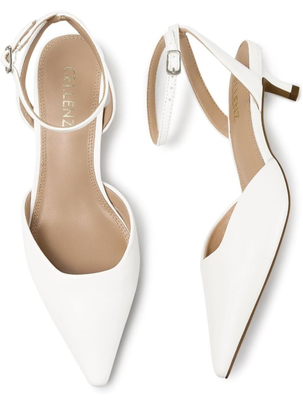 Women's White Low Heel Pumps 1.97 Inch Comfortable Pointed Toe Kitten Heel